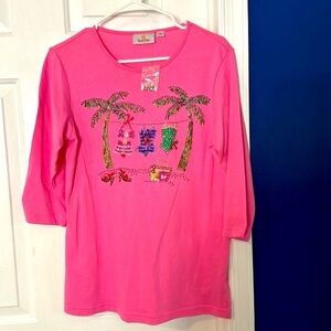NWT Women’s Quacker Factory Beaded Sequin 3/4 Sleeve Pink Tee Shirt Size XS